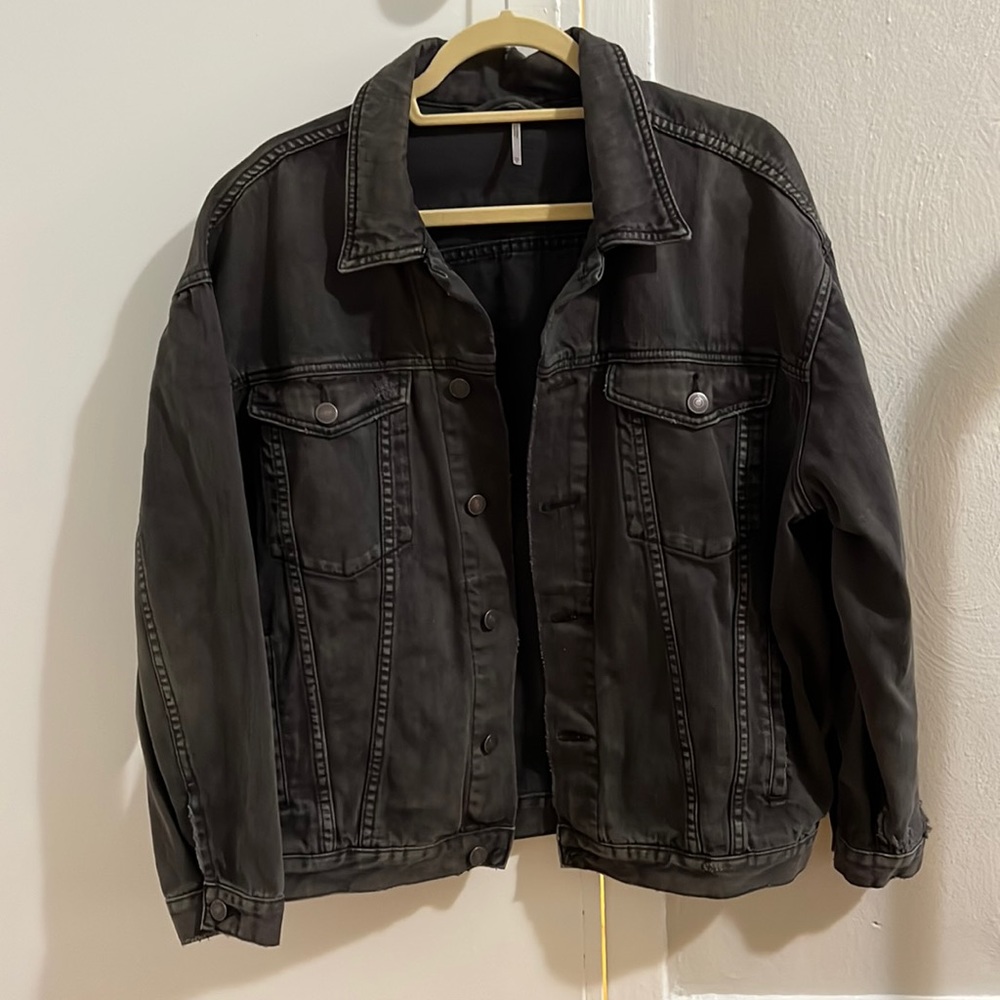 Free People Black Denim Jacket with design on back